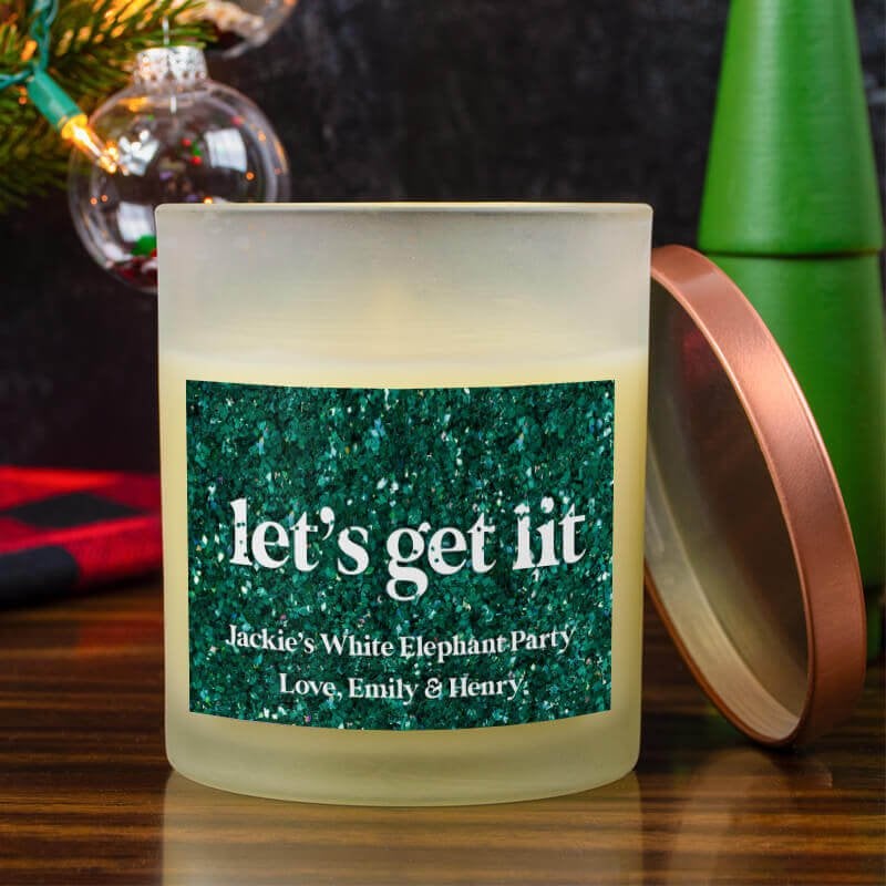 Let's Get Lit Glitter Holiday Candle on Christmas Background