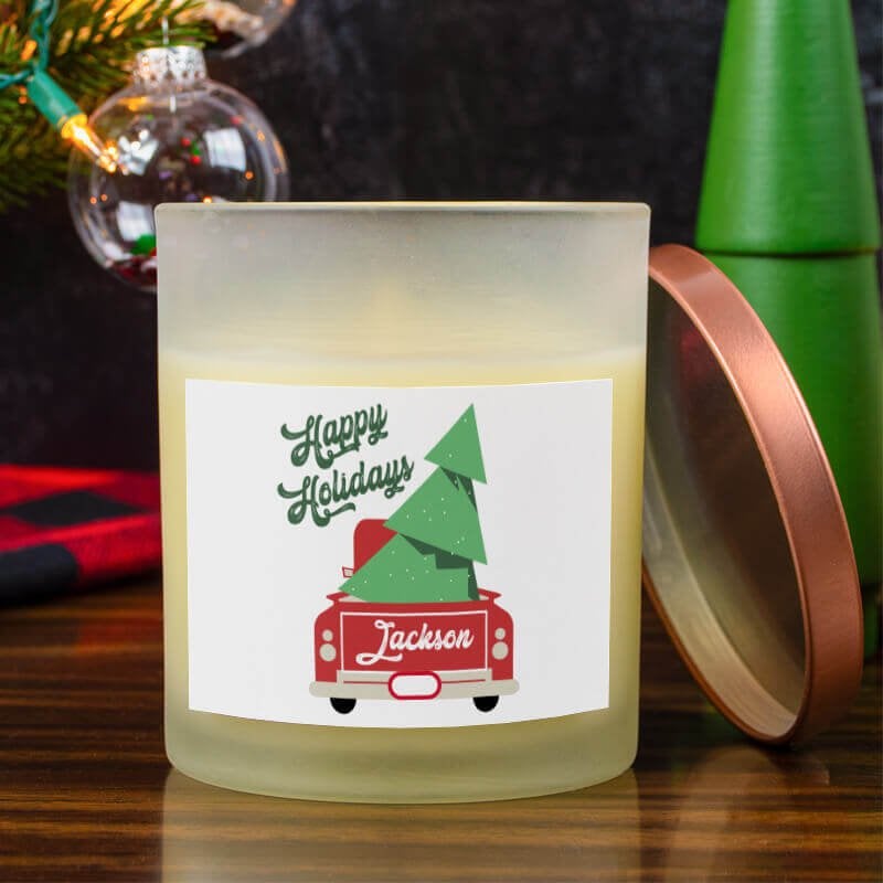 Happy Holidays Red Truck Custom Candle on Christmas Background
