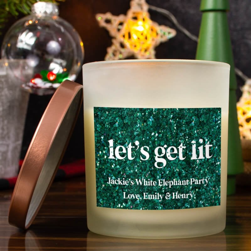 Let's Get Lit Glitter Holiday Candle on Holiday Background