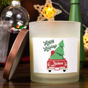 Happy Holidays Red Truck Custom Candle on Holiday Background