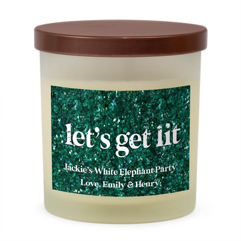 Let's Get Lit Glitter Holiday Candle on White Background