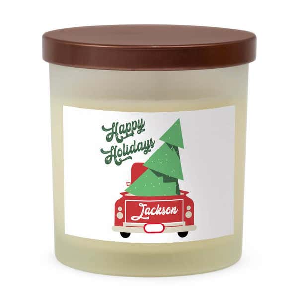 Happy Holidays Red Truck Custom Candle on White Background
