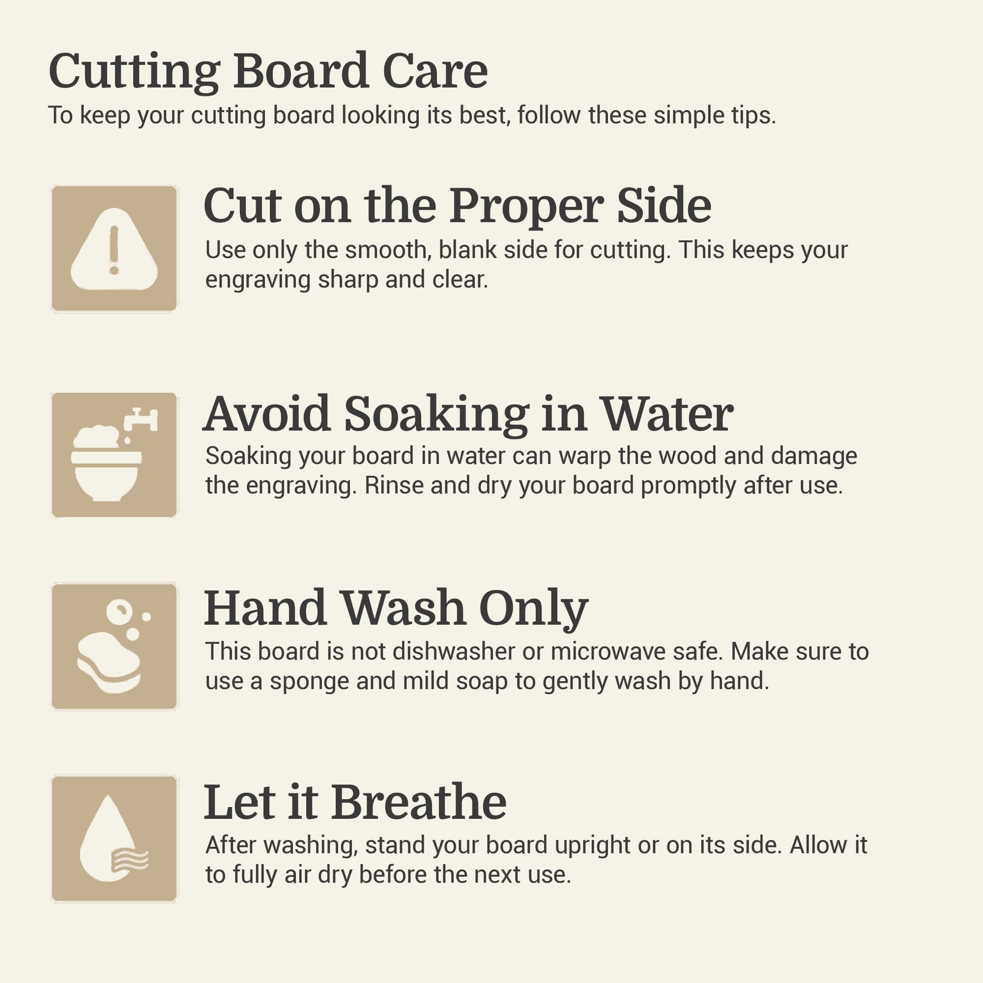 Cutting Board Care guide with four illustrated tips: cut on the proper side, avoid soaking in water, hand wash only, and let it breathe. Each tip includes an icon and short description on maintaining a wooden cutting board.