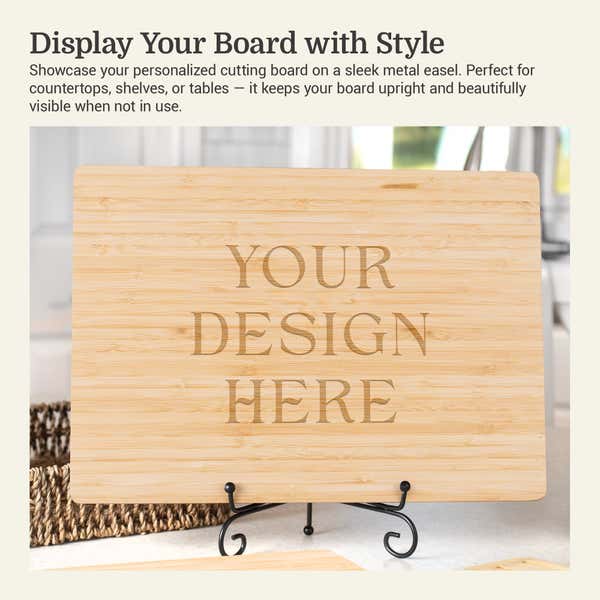 Display your board with style infographic showing a custom bamboo cutting board engraved with placeholder text your design here on a black metal stand, demonstrating how to showcase personalized cutting boards as kitchen decor or countertop display.