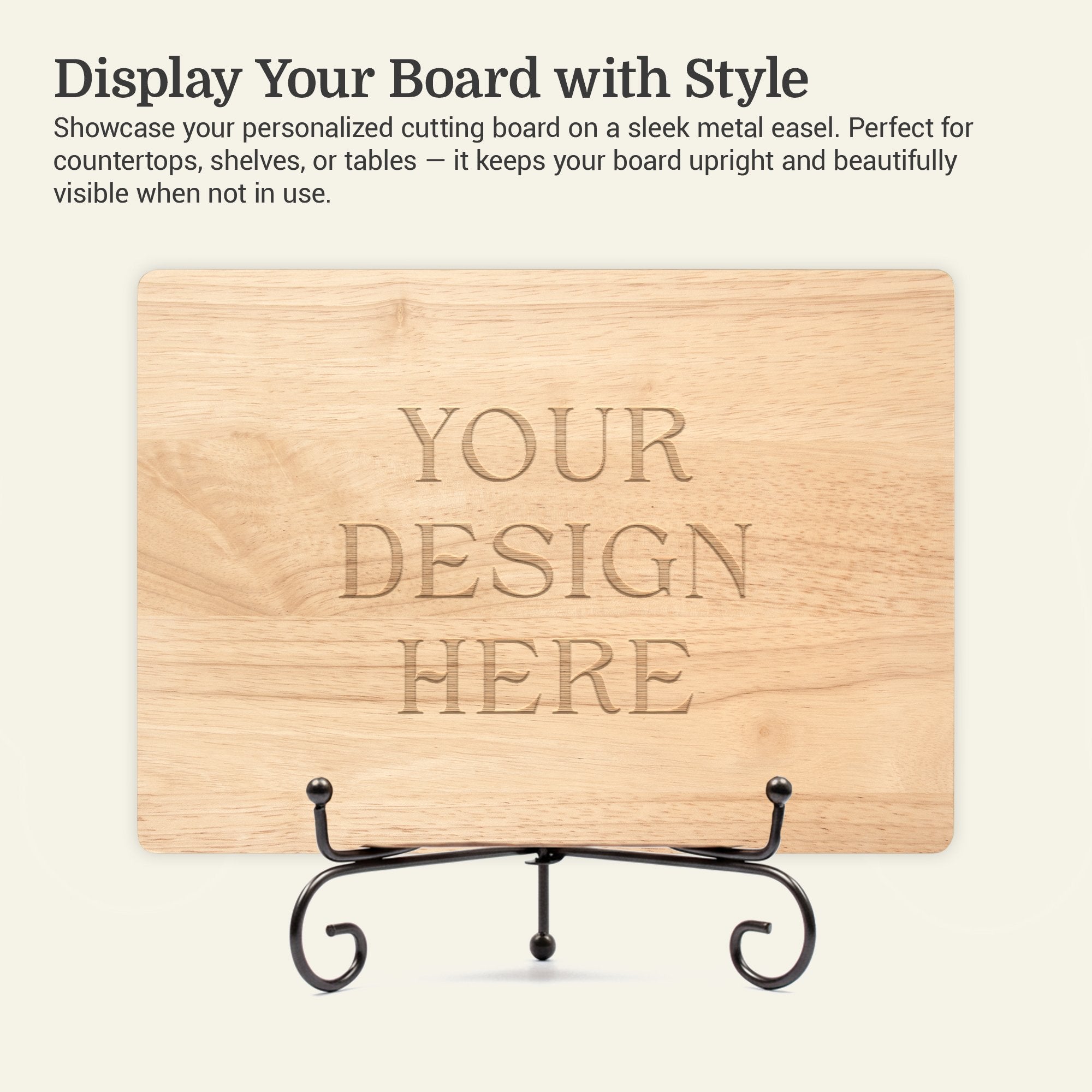 Infographic of a cutting board on a metal easel explaining the benefits of displaying your cutting board with style
