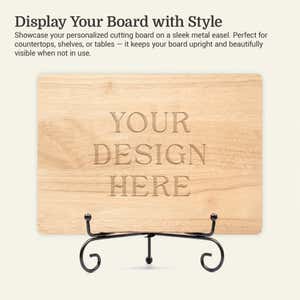 Infographic of a cutting board on a metal easel explaining the benefits of displaying your cutting board with style