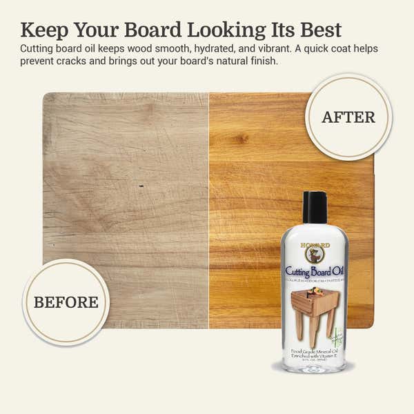 Before-and-after comparison of a wood cutting board treated with Howard Cutting Board Oil. The left side appears dry and scratched, while the right side is rich in color and smooth, showing the oil’s restoring effect.
