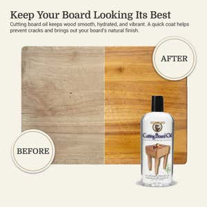 Cutting board care infographic showing before and after results of conditioning with Howard Cutting Board Oil, demonstrating how applying oil restores color, smoothness, and hydration to keep wooden boards looking their best.
