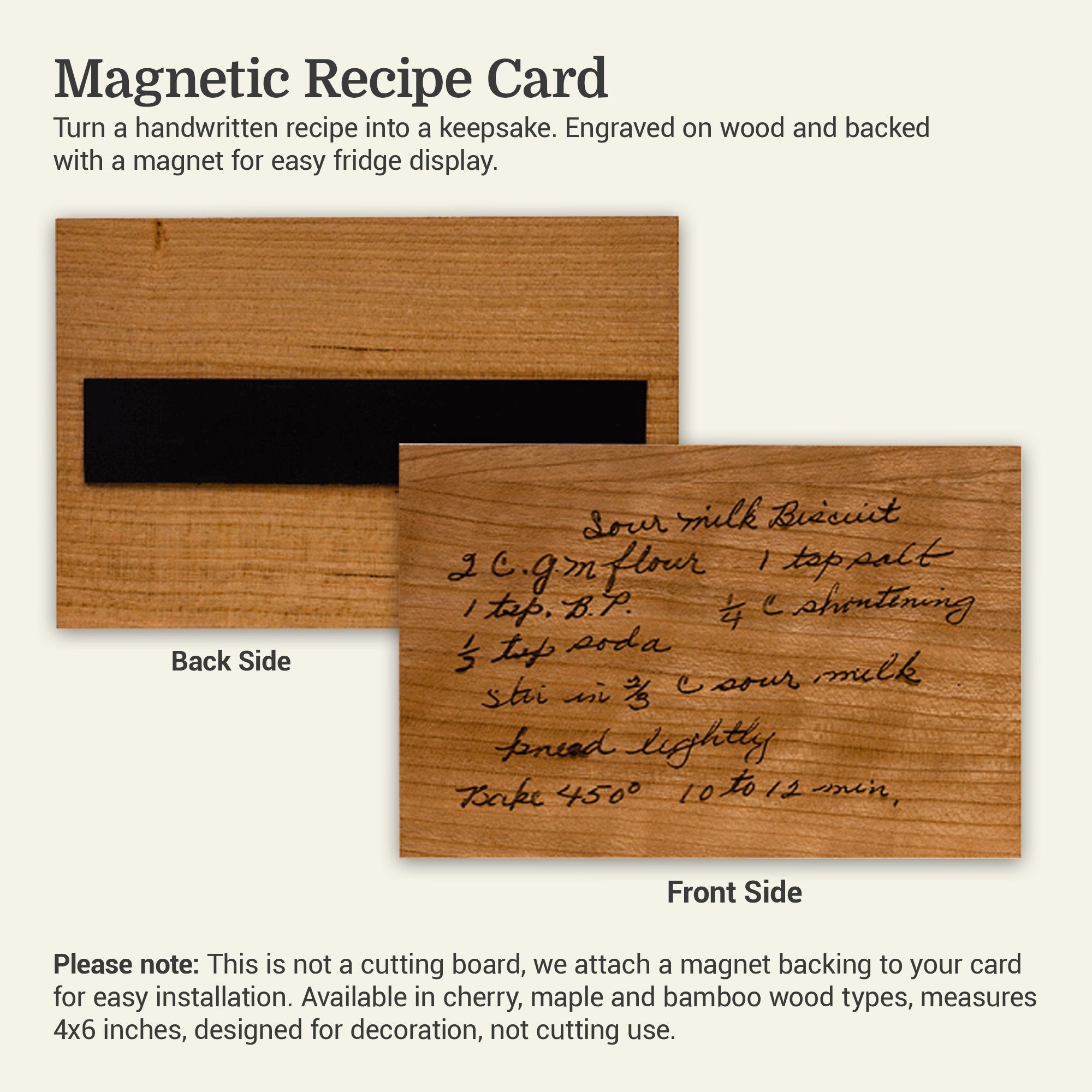 Magnetic recipe card product image showing the front with an engraved handwritten sour milk biscuit recipe and the back with an attached magnet strip, illustrating a wooden keepsake for displaying family recipes on the fridge.