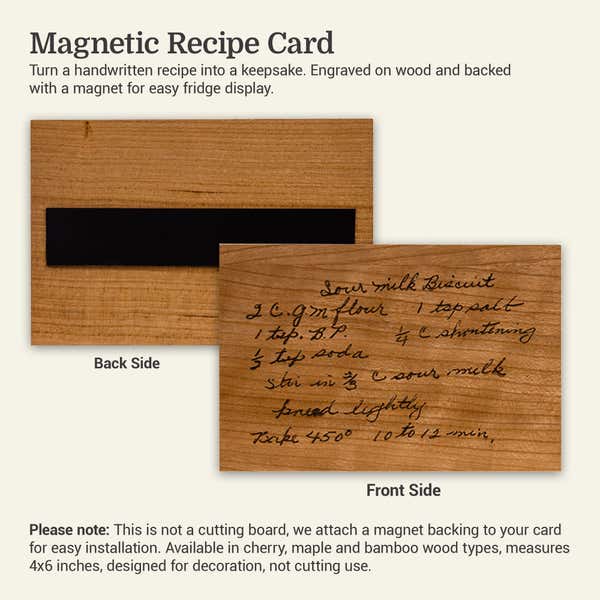 Magnetic recipe card product image showing the front with an engraved handwritten sour milk biscuit recipe and the back with an attached magnet strip, illustrating a wooden keepsake for displaying family recipes on the fridge.