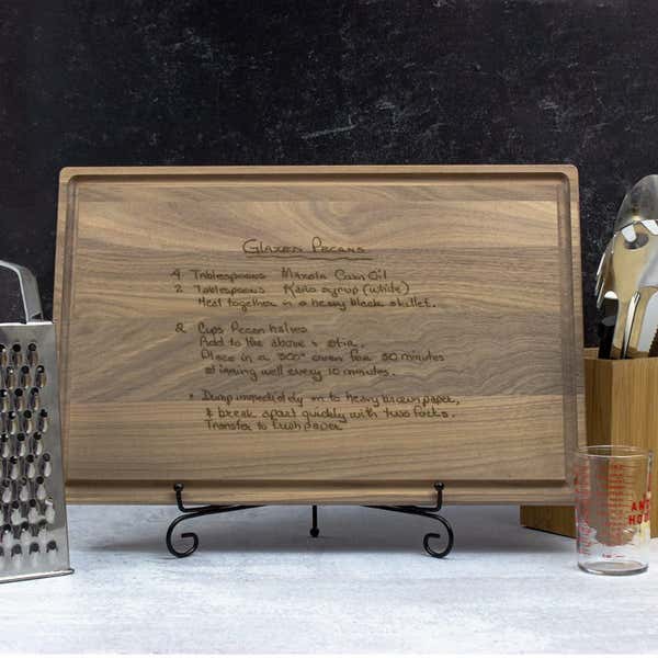 Large Custom Cutting Board on Metal Easel Displayed in a Kitchen
