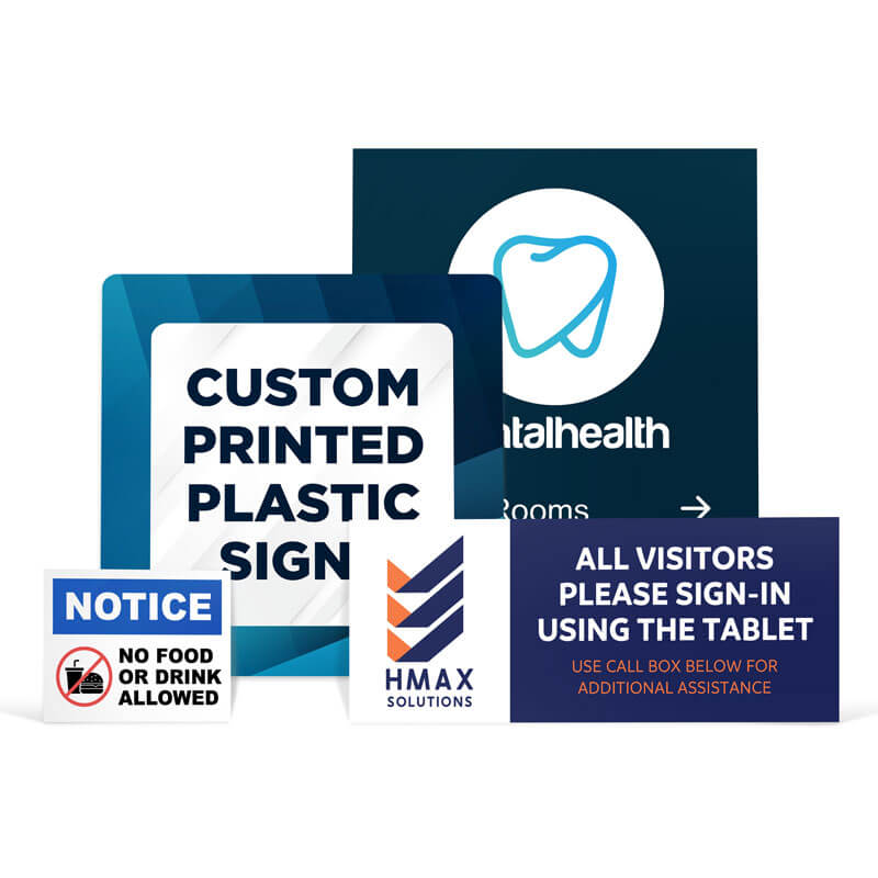 Various printed plastic sign sizes displayed next to each other