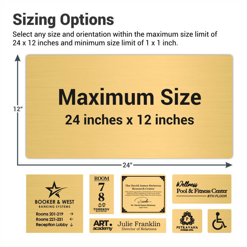 Various engraved brass sign sizes next to each other 