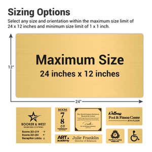 Various engraved brass sign sizes next to each other 