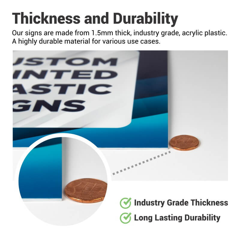 Comparison of the sign's thickness to a penny with information on the sign's durability