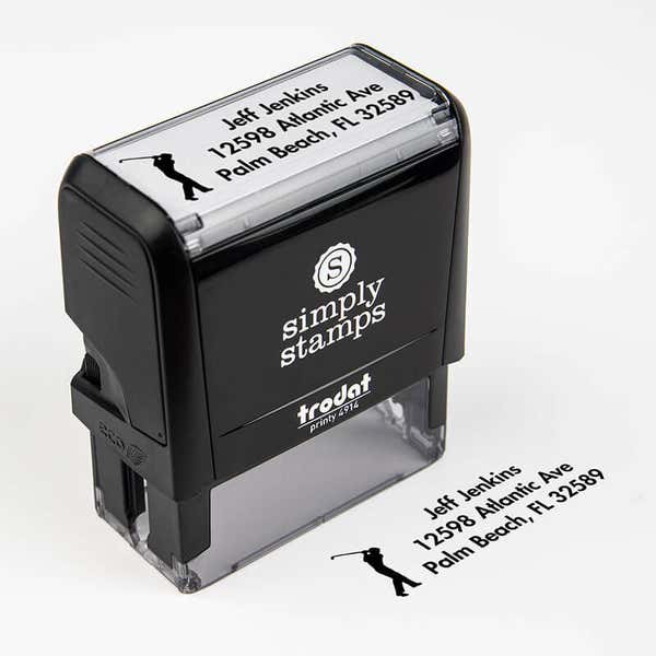 Golfer Address Stamp impression next to self inking stamp body