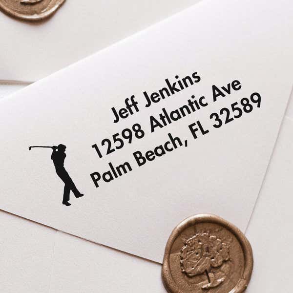 Golfer Address Stamp impression close up on white envelope