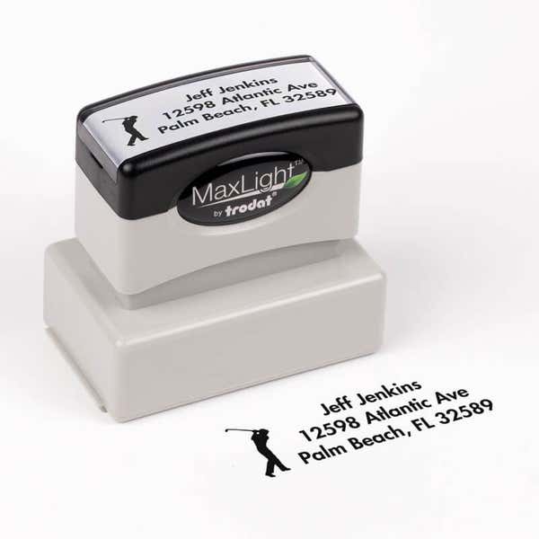 Golfer Address Stamp impression next to pre inked stamp body