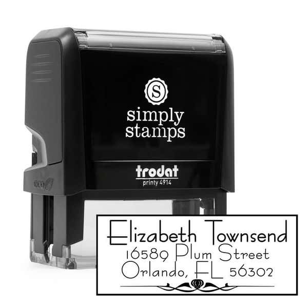 Natural Deco Accent Return Address Stamp Design next to Self Inking Stamp Body