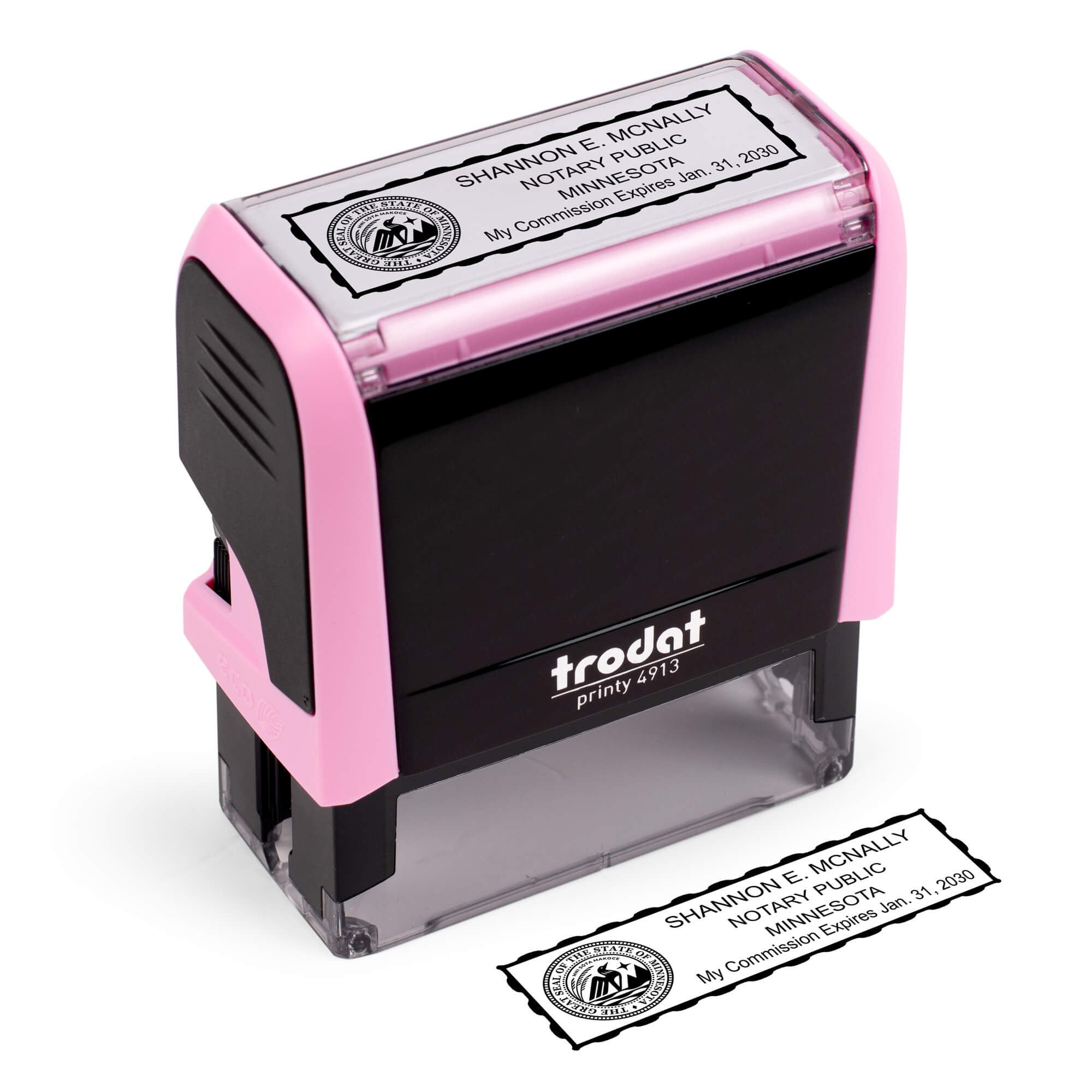 Minnesota Pink Rectangle Notary Stamp with the impression on paper