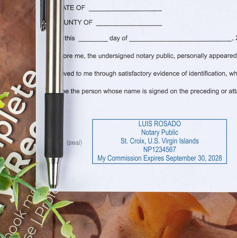 U.S. Virgin Islands Notary Stamp Impression on a Document Next to a Pen