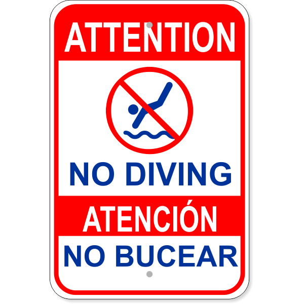 Bilingual Attention No Diving 18" x 12" Aluminum Sign