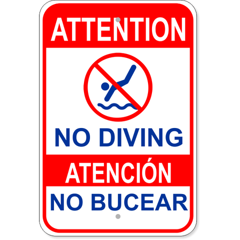 Bilingual Attention No Diving 18" x 12" Aluminum Sign