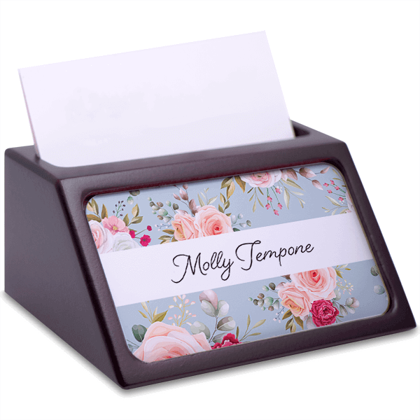 Floral Full Color Insert Mahogany Business Card Holder