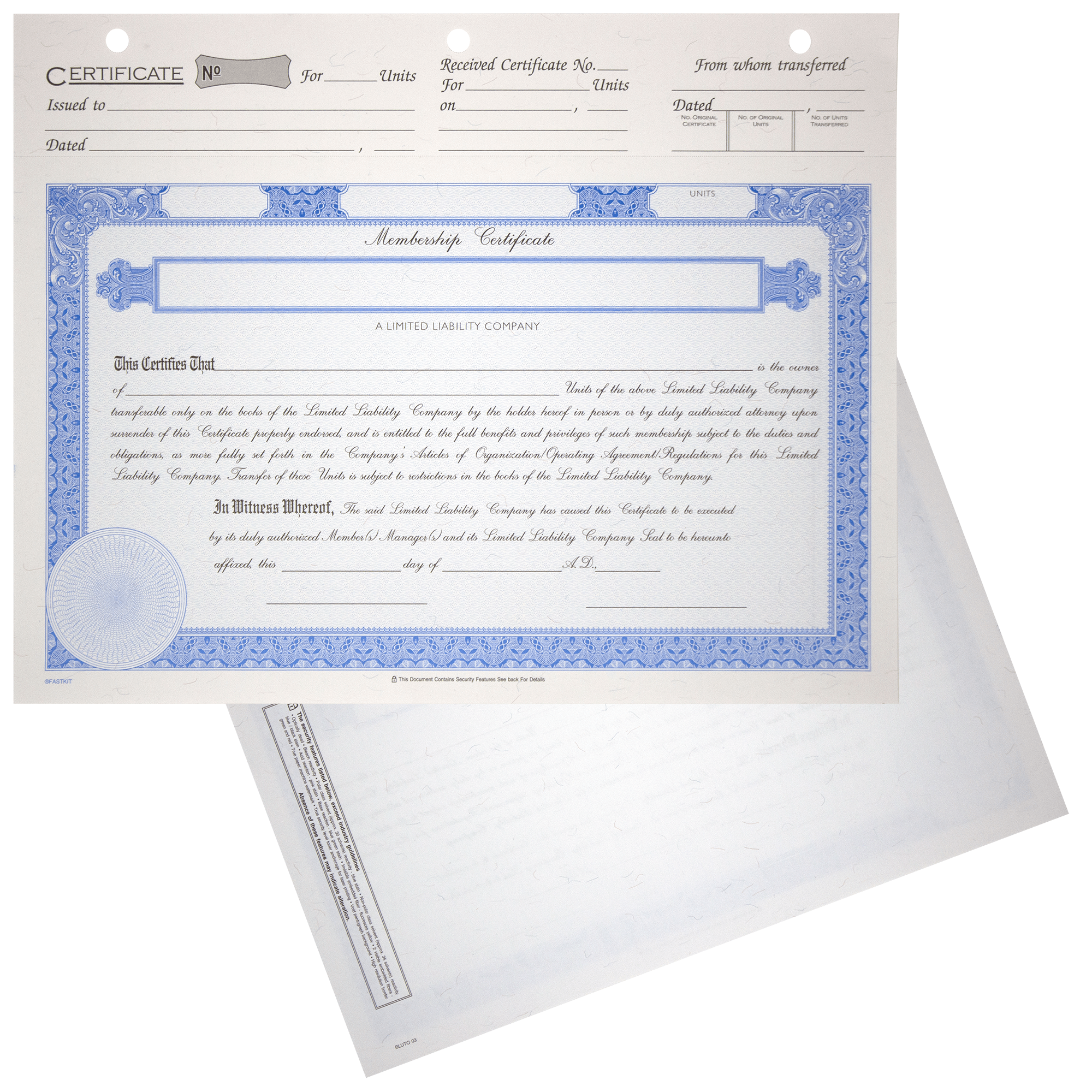 BLUTO 03 LLC Blank Membership Certificates