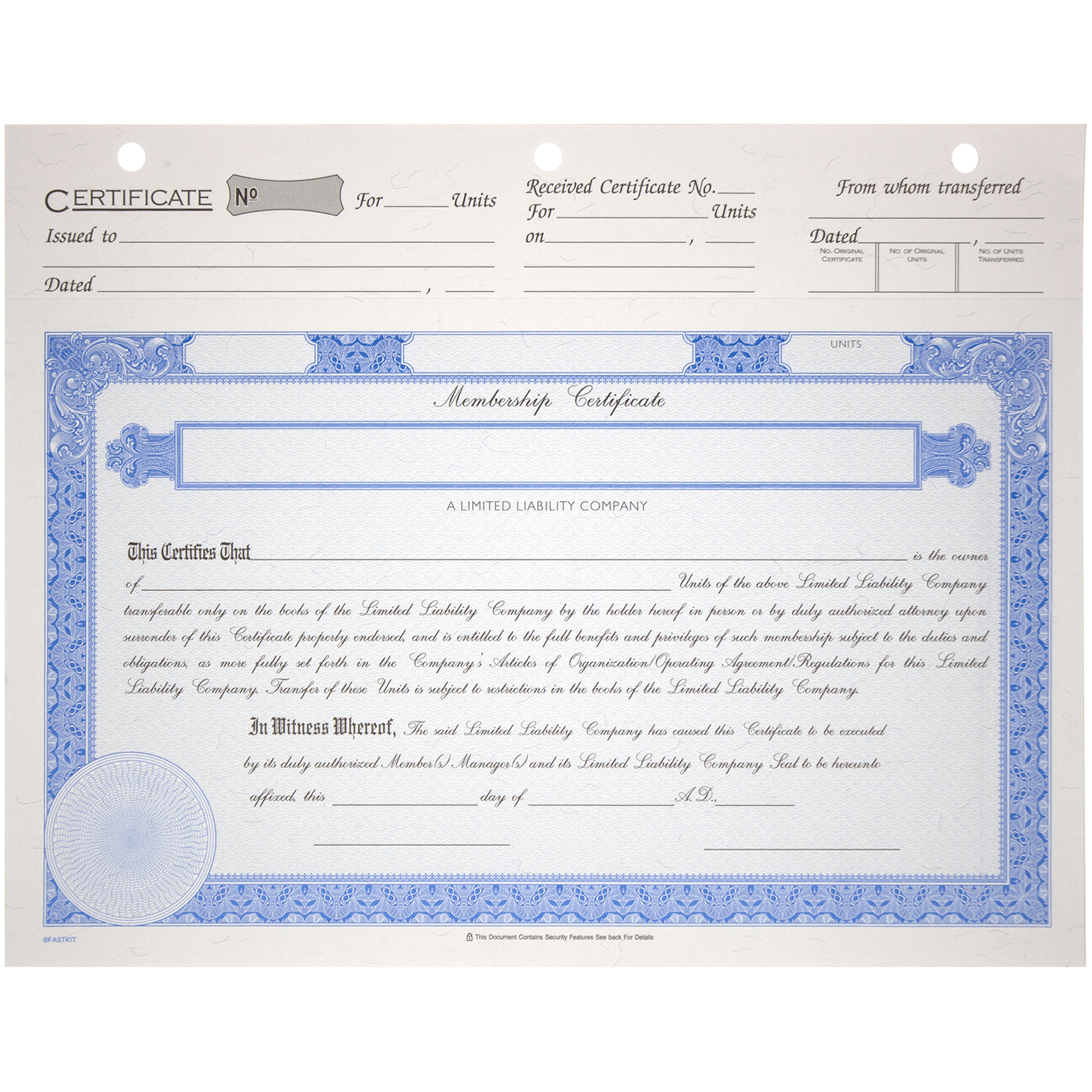 BLUTO 03 LLC Blank Membership Certificates | Quantity of 20 or More