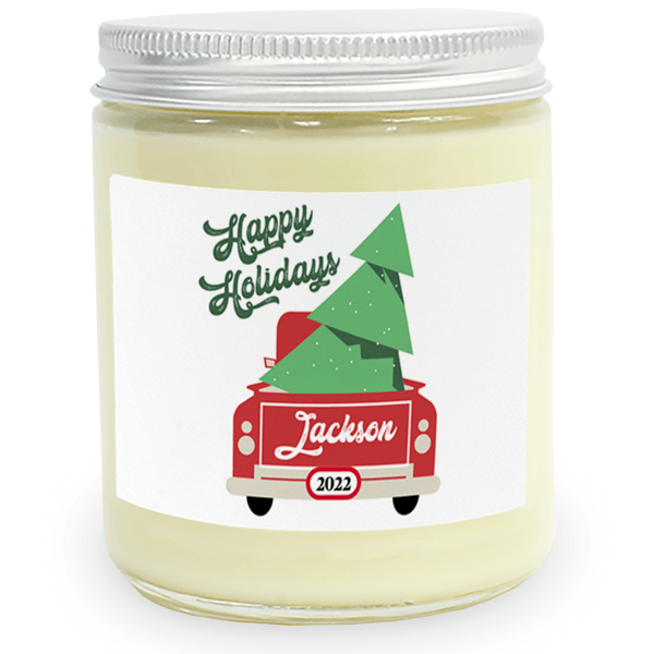 Happy Holidays Red Truck Custom Candle Corporate Gift