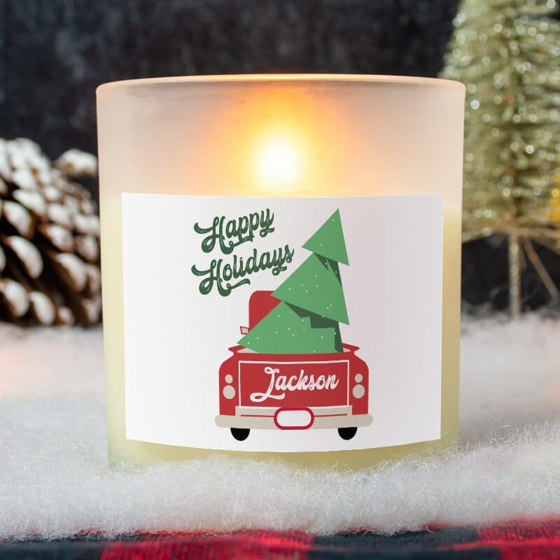 Happy Holidays Red Truck Custom Candle