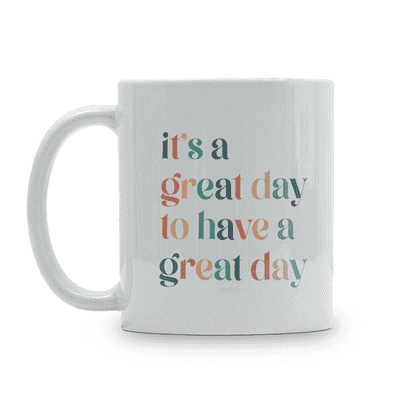 White mug with colorful custom text
