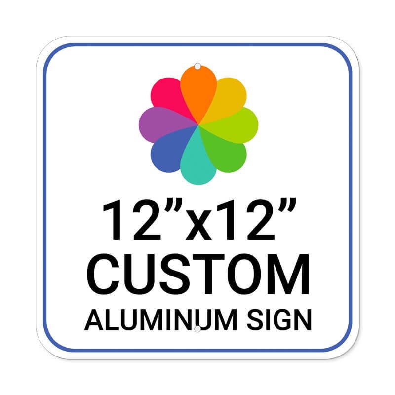 Custom 12”x12” aluminum sign, square shape with rounded corners and colorful pinwheel flower-style icon Custom 12”x12” aluminum sign, square shape with rounded corners and colorful pinwheel flower-style icon