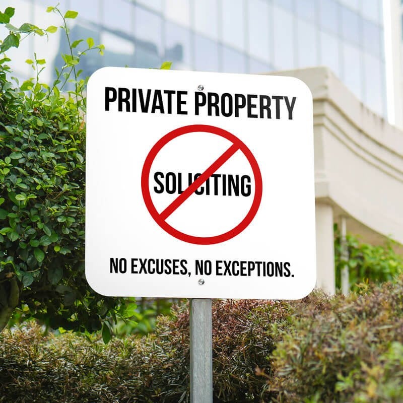 12”x12” custom private property sign with soliciting crossed out in red, no excuses, no exceptions. 12”x12” custom private property sign with soliciting crossed out in red, no excuses, no exceptions.