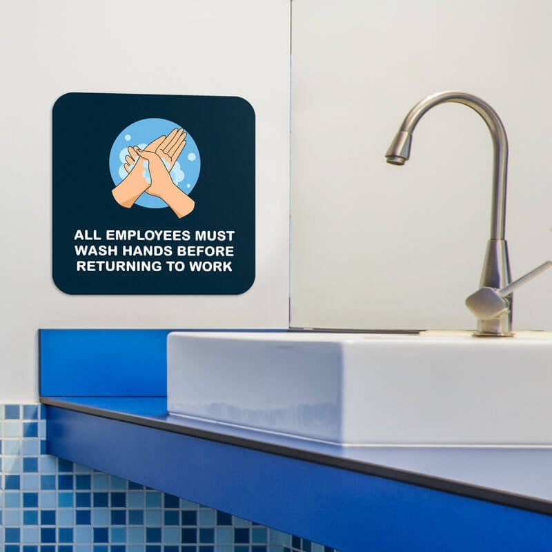 Handwashing sign with a Navy-blue background that reads: All employees must wash hands before returning to work Handwashing sign with a Navy-blue background that reads: All employees must wash hands before returning to work