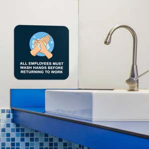 Handwashing sign with a Navy-blue background that reads: All employees must wash hands before returning to work