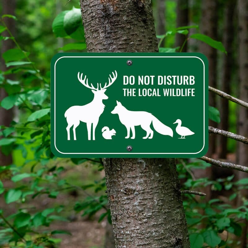 Forest green outdoor sign reads, Do Not Disturb the Local Wildlife, with images of a deer, fox, duck, and squirrel Forest green outdoor sign reads, Do Not Disturb the Local Wildlife, with images of a deer, fox, duck, and squirrel