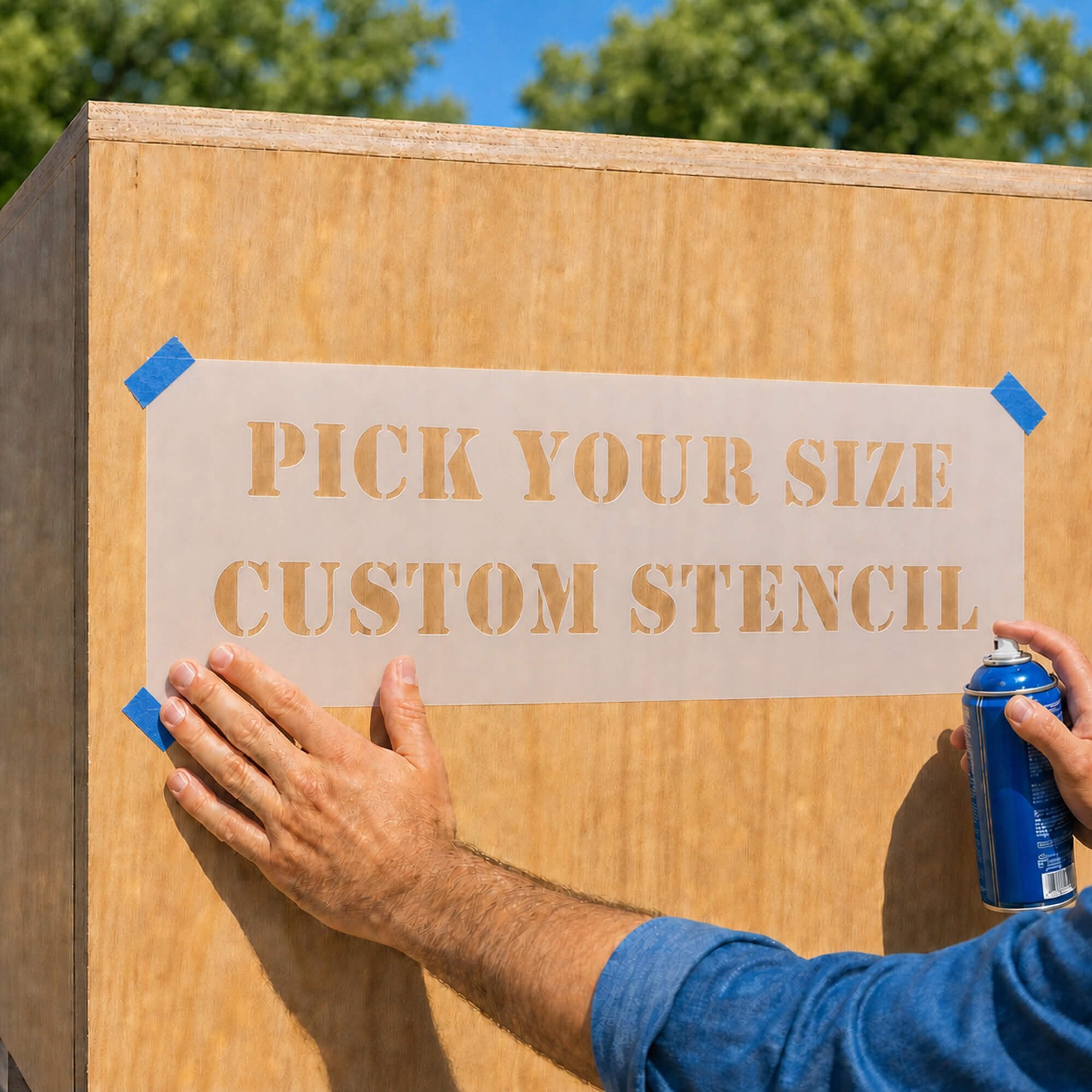 A stencil being secured onto a wooden box using painters tape A stencil being secured onto a wooden box using painters tape