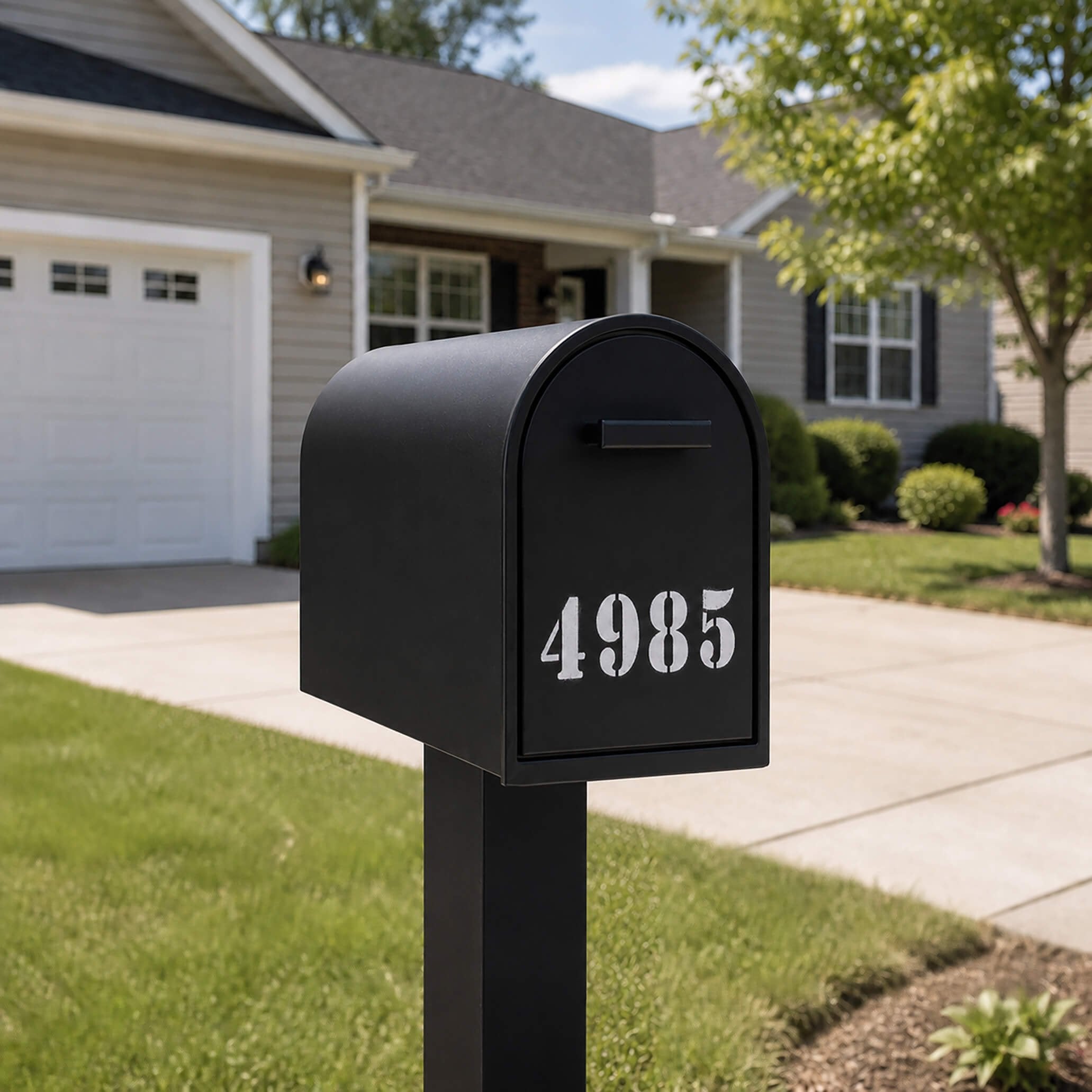 Numbers stenciled onto a mailbox with white paint Numbers stenciled onto a mailbox with white paint