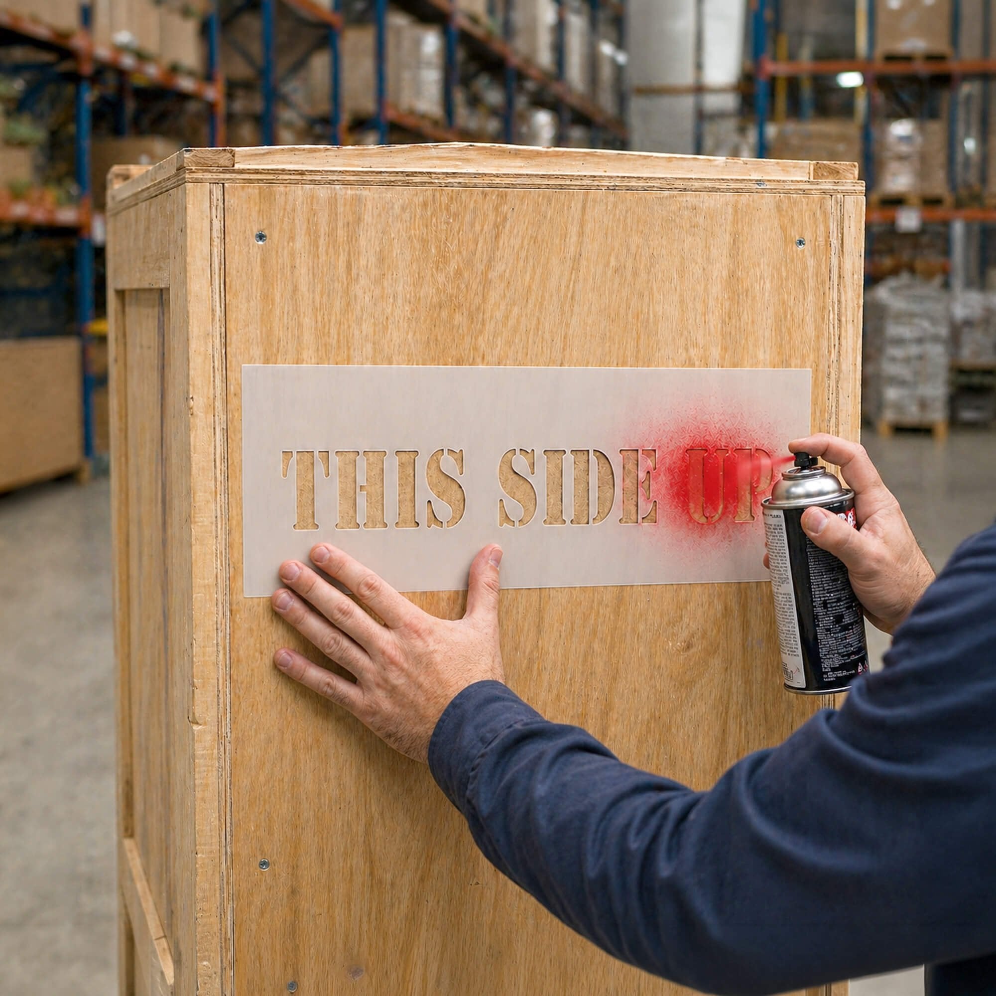 A person spray painting onto a wooden box using a stencil A person spray painting onto a wooden box using a stencil