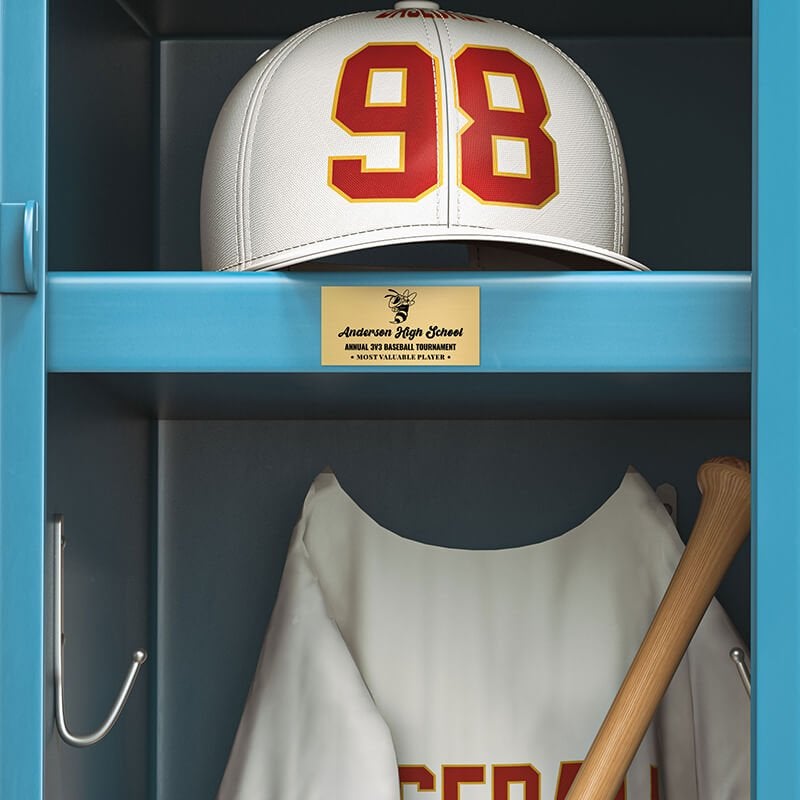 2x4 custom engraved brass sign displayed in a locker 2x4 custom engraved brass sign displayed in a locker