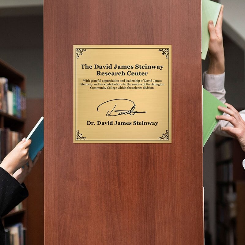 10x10 custom engraved sign displayed on a bookshelf 10x10 custom engraved sign displayed on a bookshelf