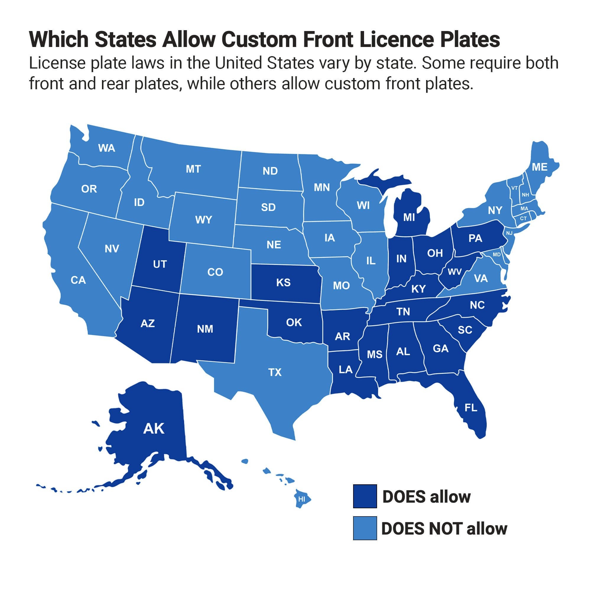 Infographic for States That Allow Custom Front License Plates Infographic for States That Allow Custom Front License Plates