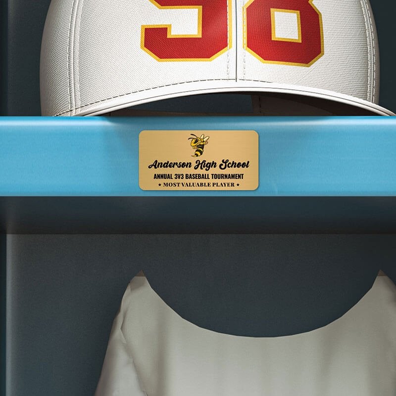 1x2 printed brass sign displayed in a locker