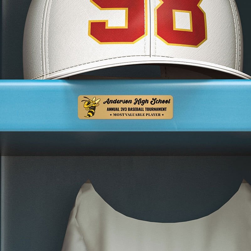 1x4 printed brass sign displayed in a locker 1x4 printed brass sign displayed in a locker