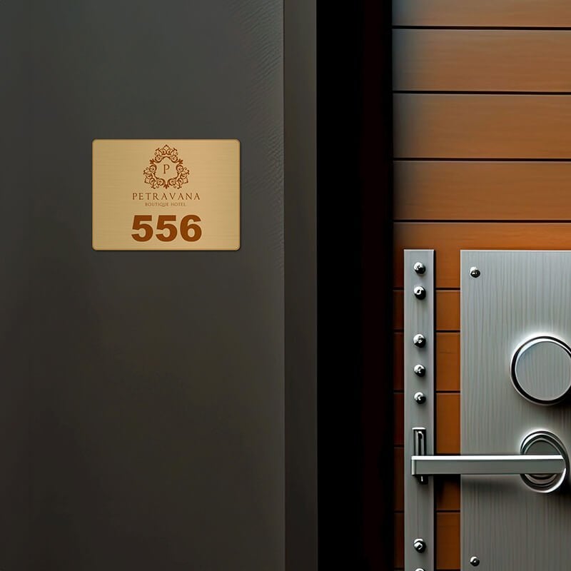 3x4 printed brass sign displayed next to a doorway