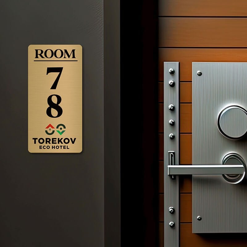 6x3 printed brass sign displayed next to a doorway