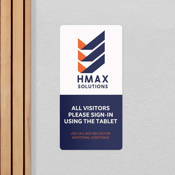 12" x 6" custom plastic sign displayed for a front desk