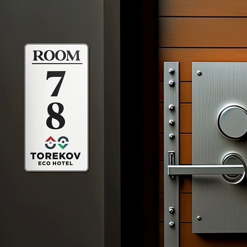 6" x 3" custom plastic sign displayed next to a room